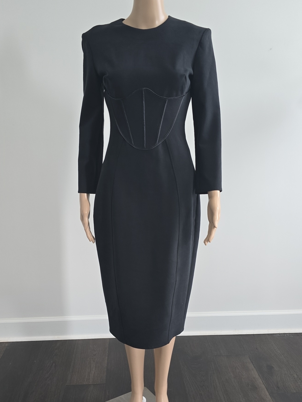 Elisabetta Franchi Sleek Black Midi Dress with Structured Corset Bodice